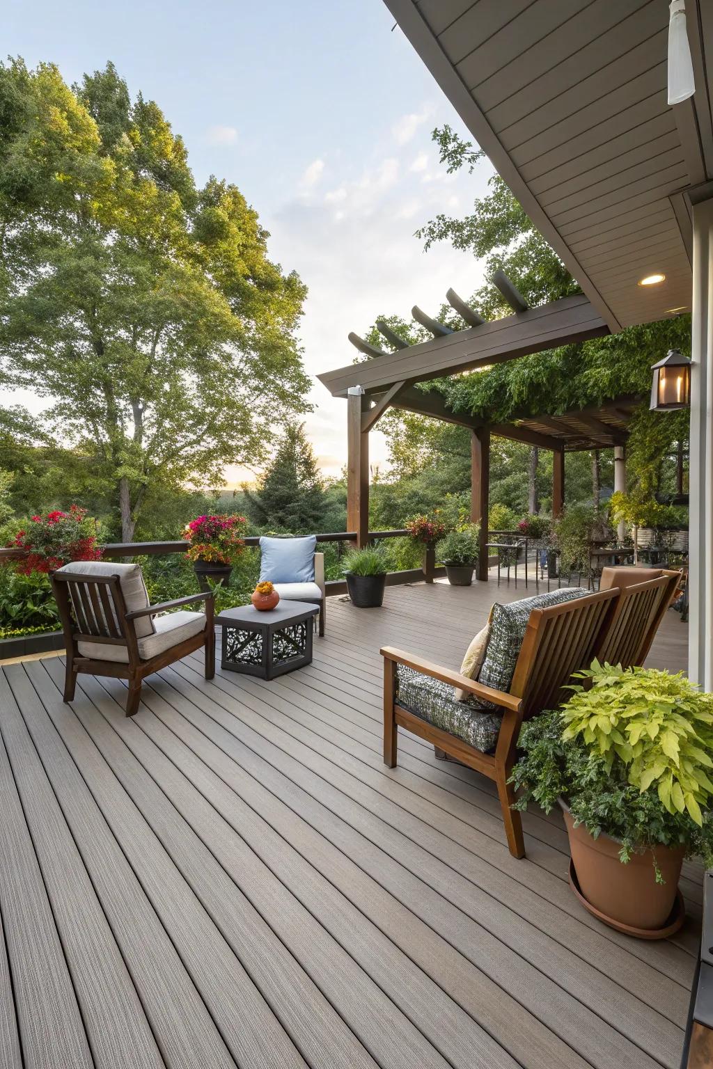 Wood-look tiles offer warmth and durability for outdoor decks.