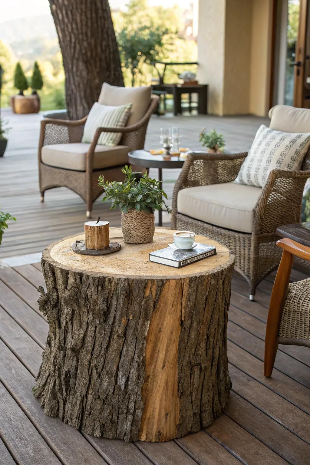 A natural tree stump coffee table perfect for outdoor relaxation.