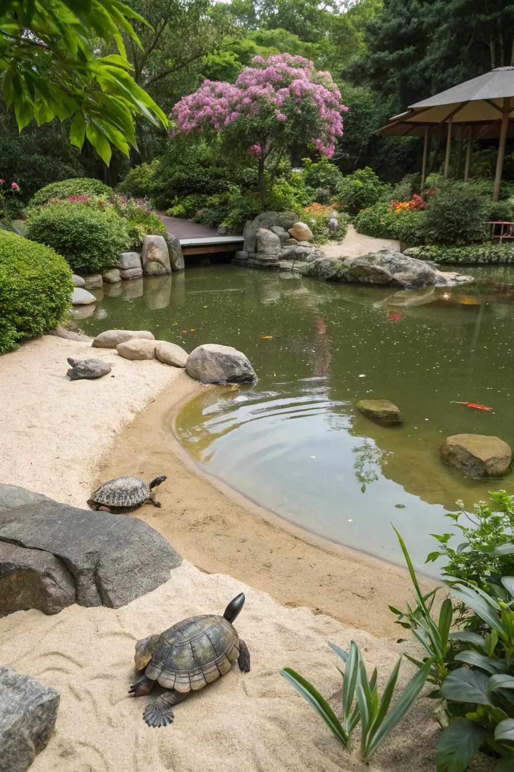 A sandy beach area offers nesting opportunities for turtles.