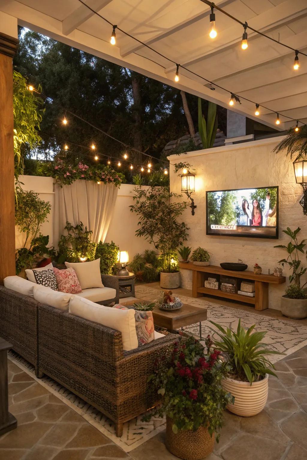Decorative elements bring charm and life to your outdoor TV setup.