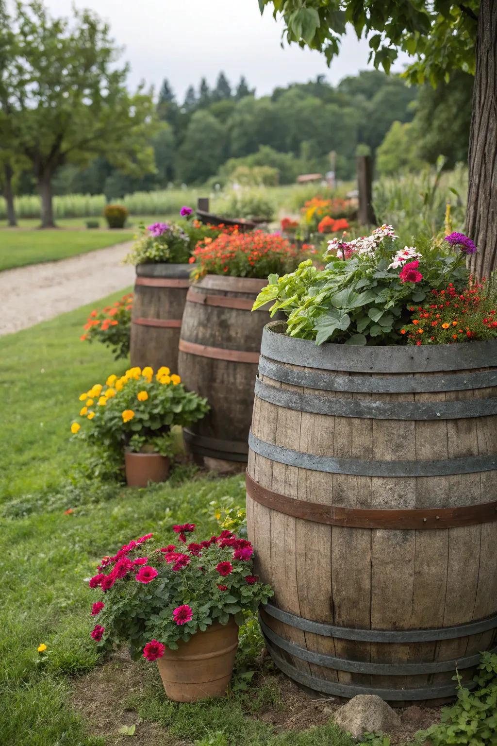 Antique wooden barrels adding historic charm to the garden.