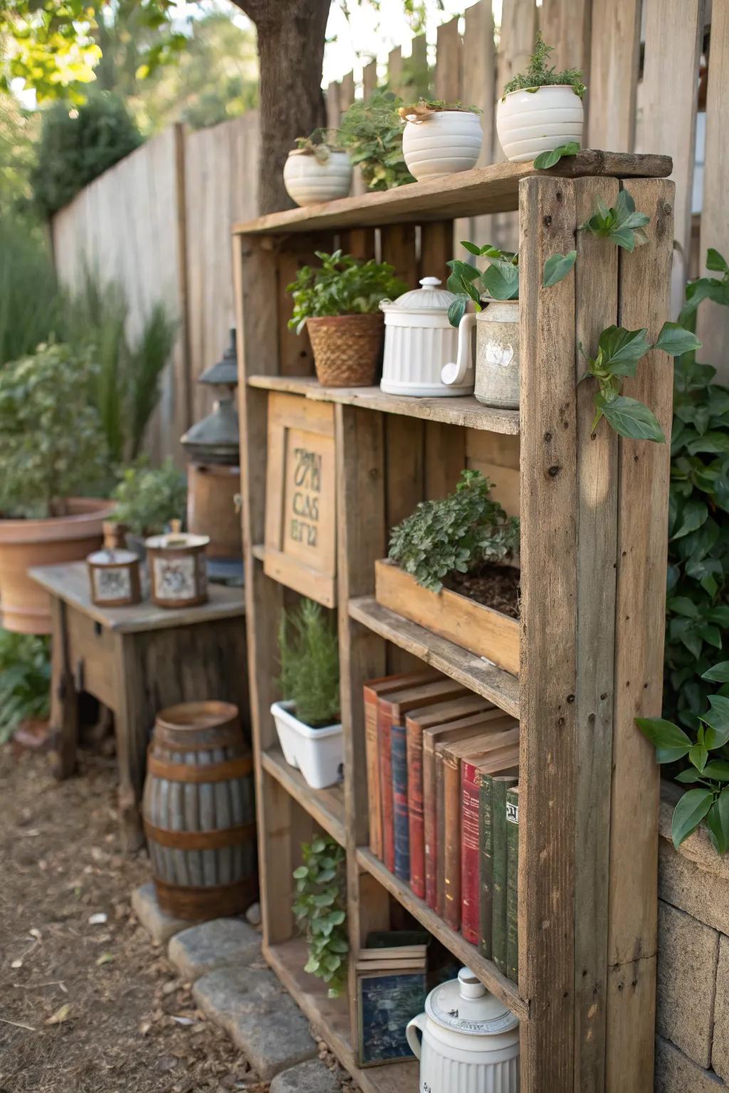 Reclaimed wood shelves for a rustic outdoor touch.