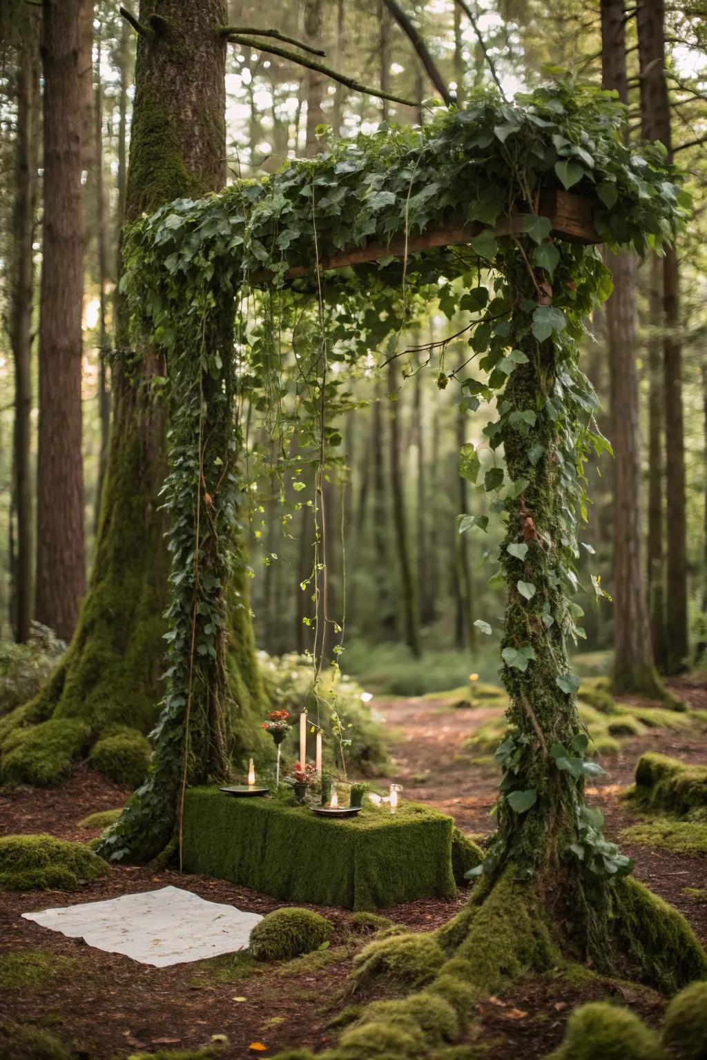 A suspended greenery altar creates a magical forest setting.