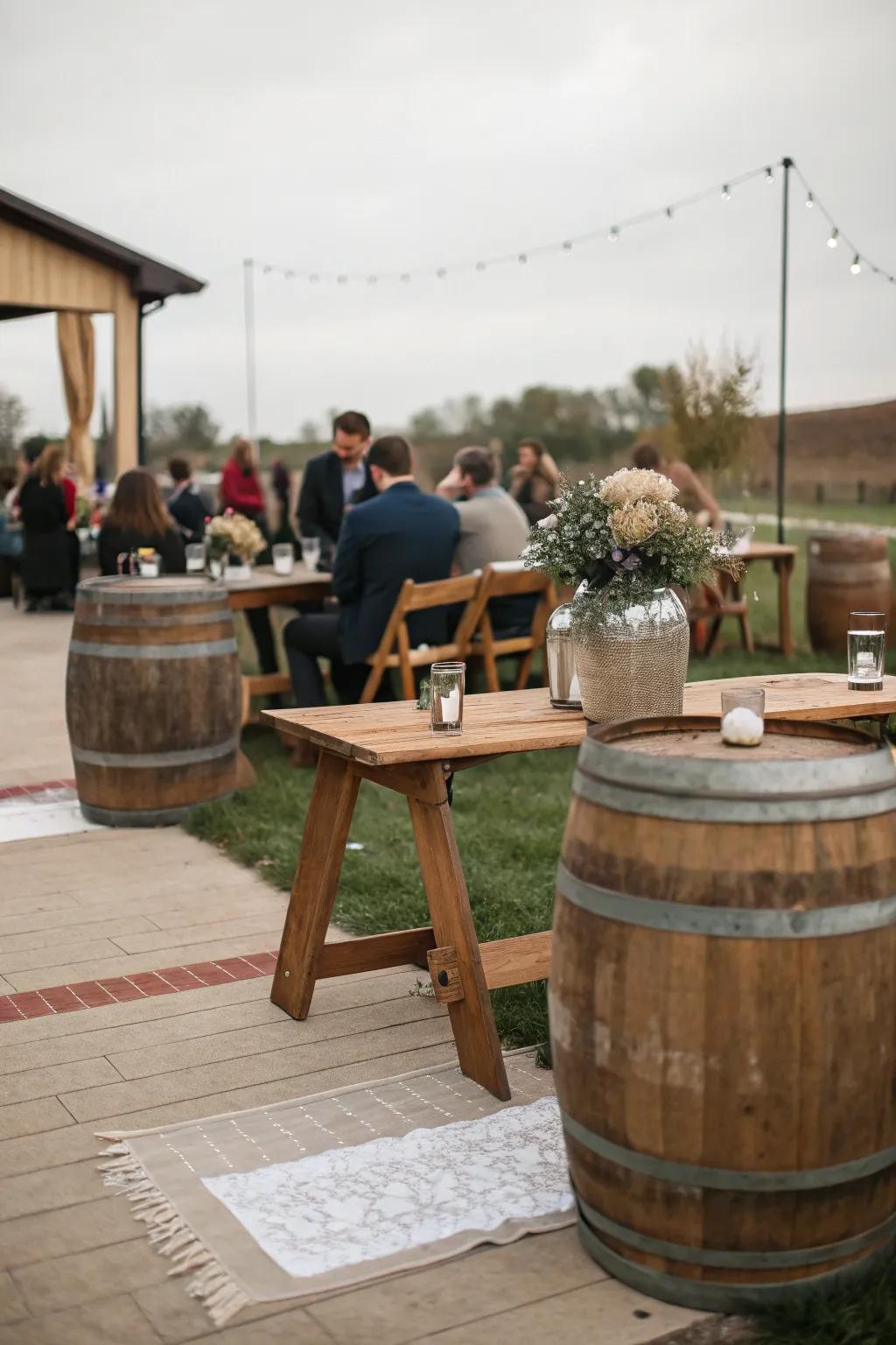 Rustic decor adding warmth and charm to an outdoor wedding setting.