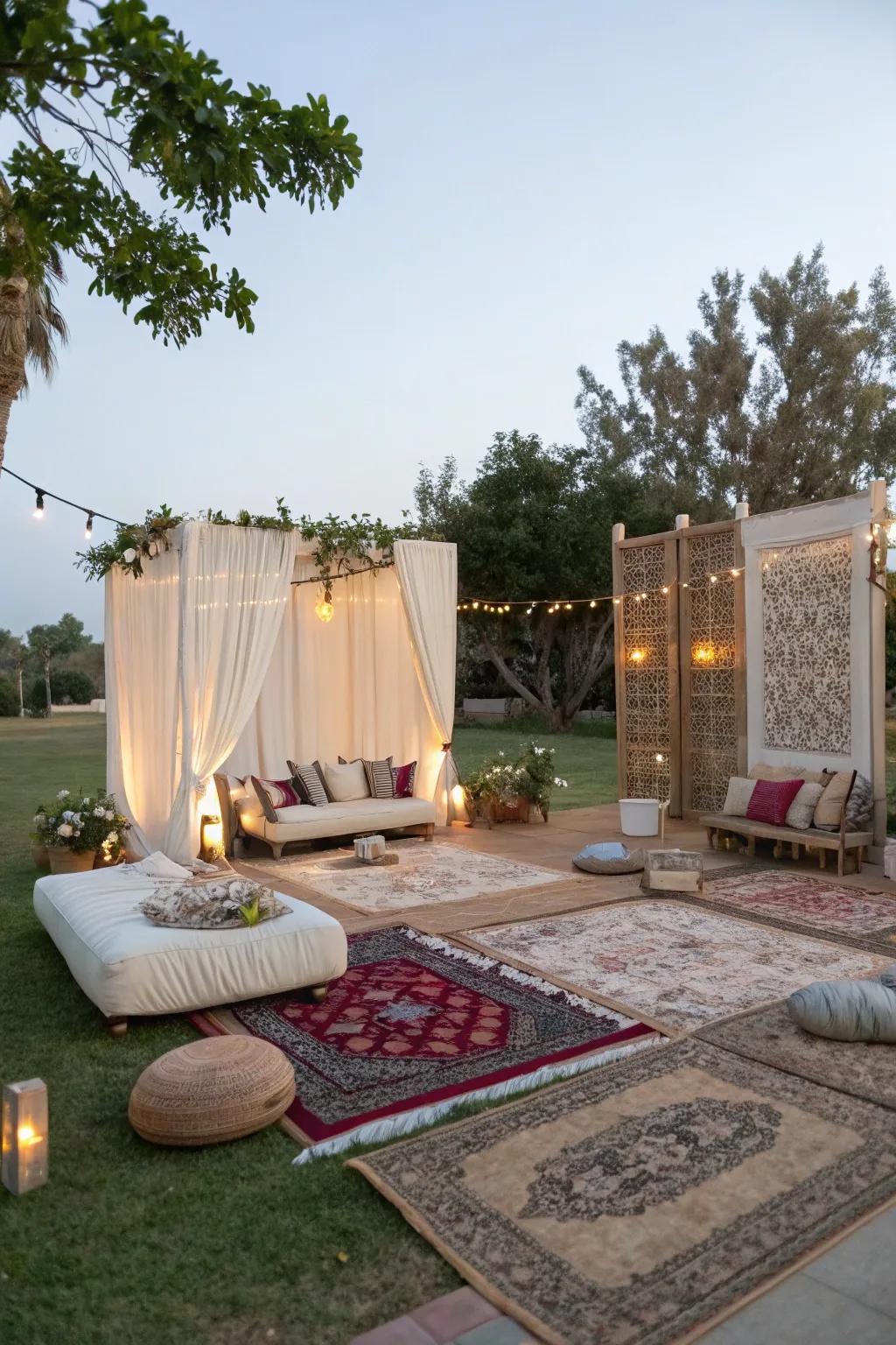 A plush lounge area provides a relaxed and chic setting for photos.