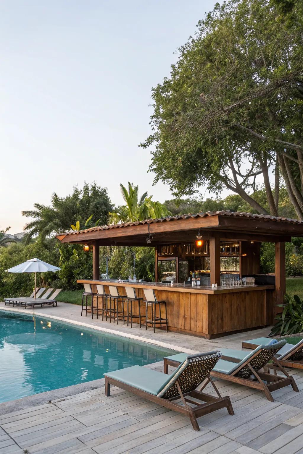 A poolside wood bar, perfect for leisurely afternoons and poolside gatherings.
