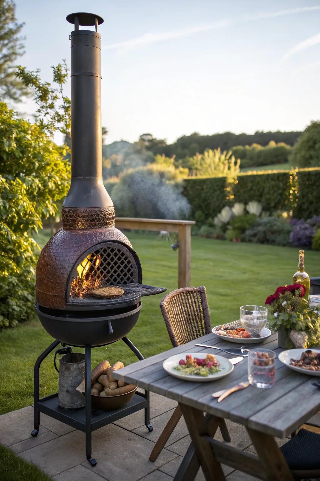 A wood burner with a cooking grate for alfresco dining.