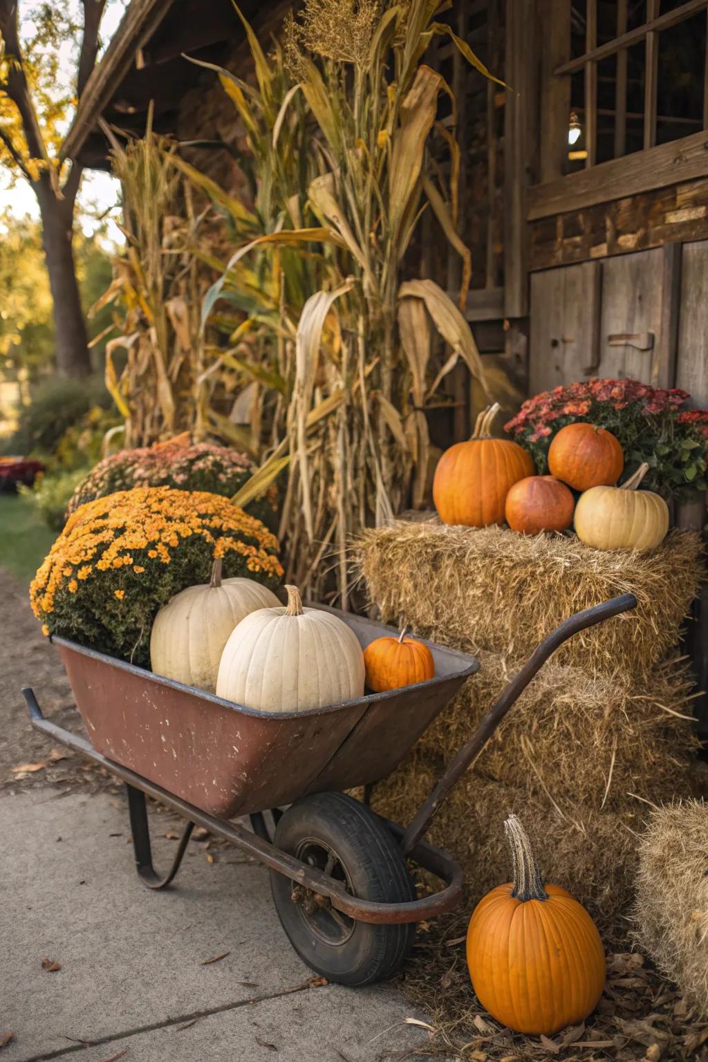 A vintage wheelbarrow brimming with autumnal delights.