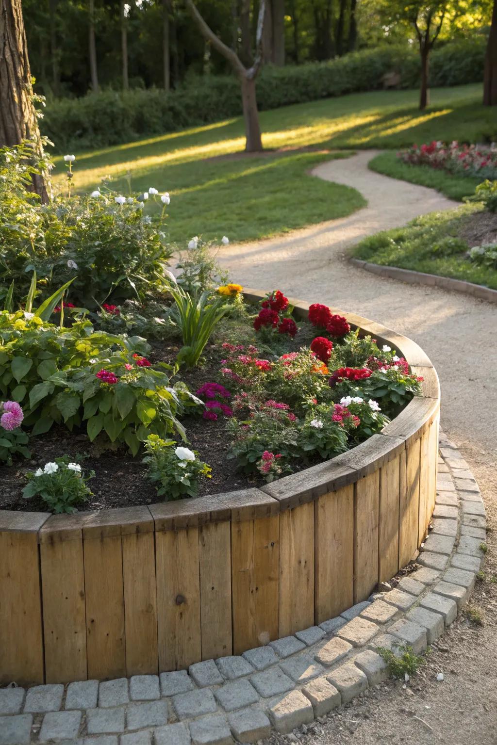 A wooden edge adds rustic charm to this floral haven.