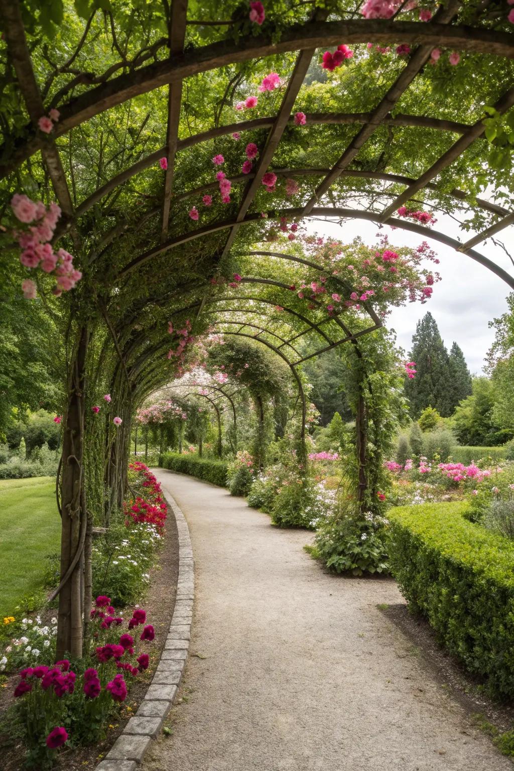 A magical trellis walkway leading through a garden wonderland.