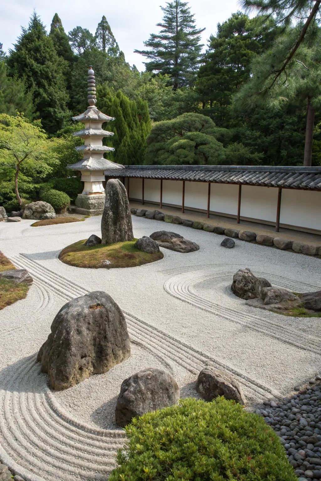 A Zen rock garden offers a peaceful retreat with its serene arrangement.