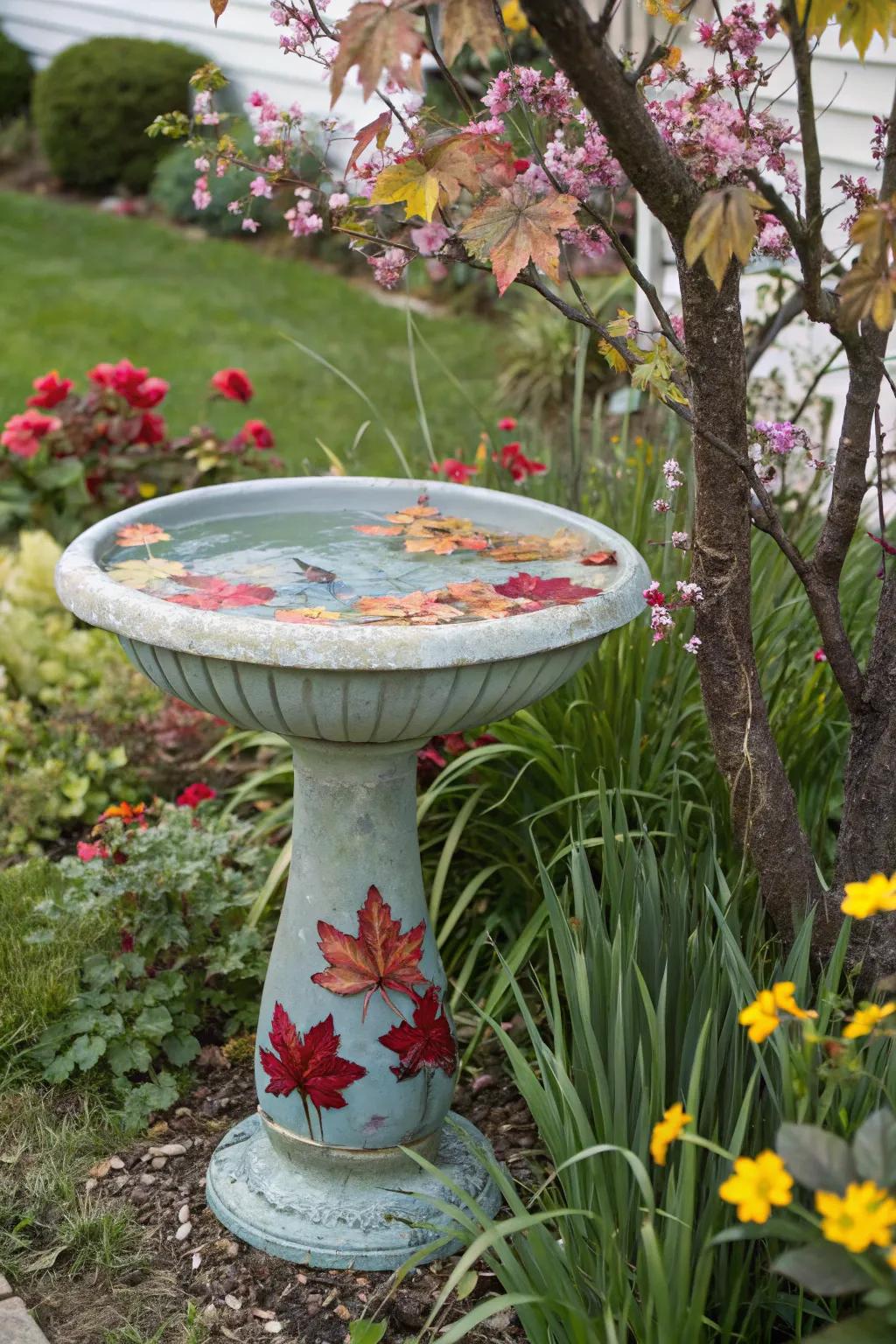 Seasonal themes keep this bird bath versatile and lively.