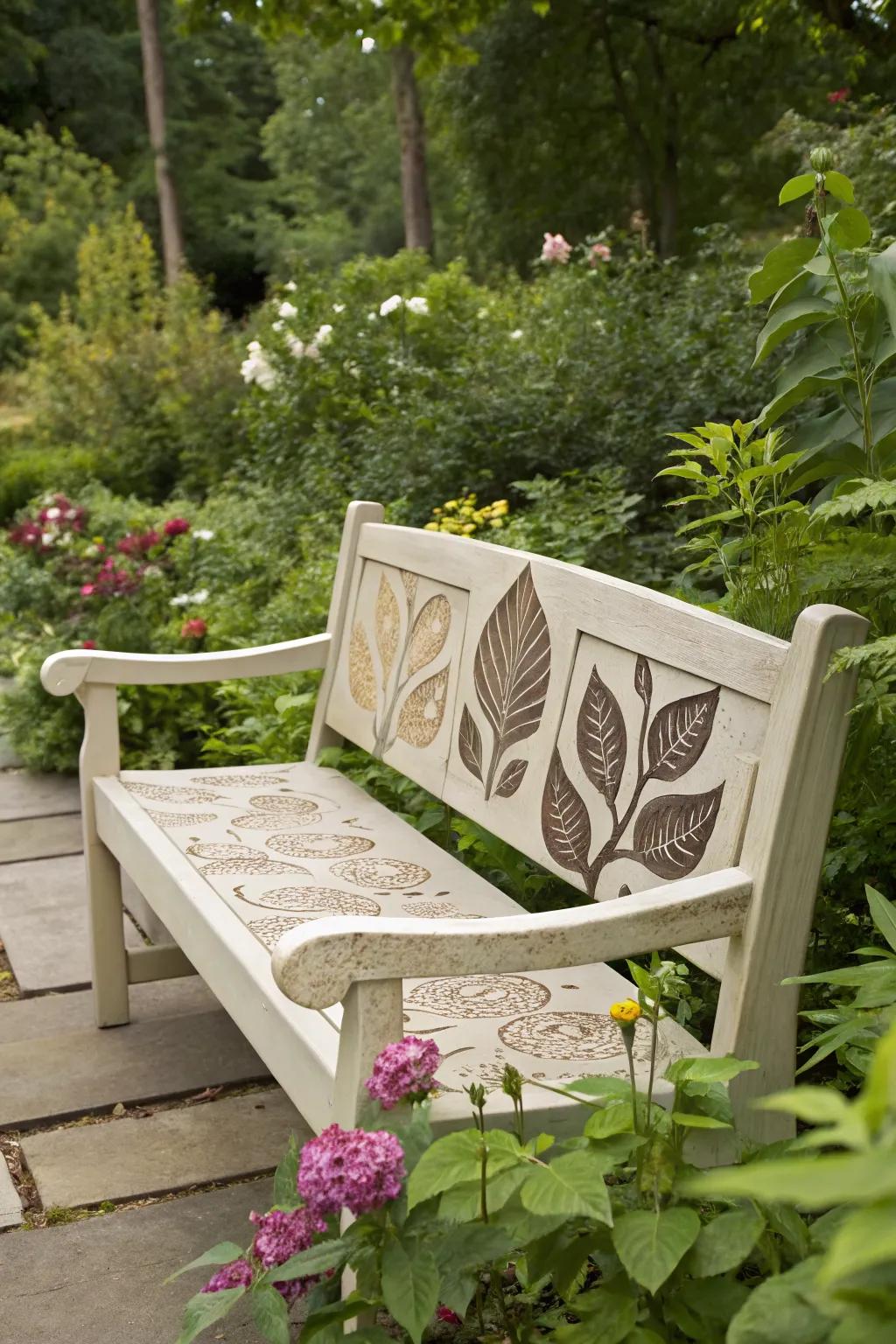 A stenciled bench featuring intricate leaf patterns.