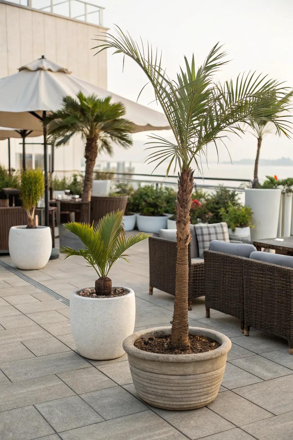 Container palms offer flexibility and style for small spaces.