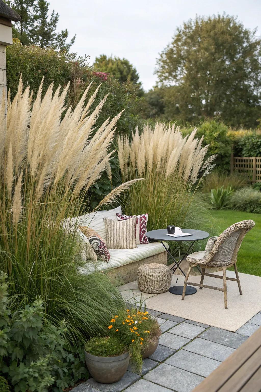 Pampas grass creates a cozy garden nook for relaxation.