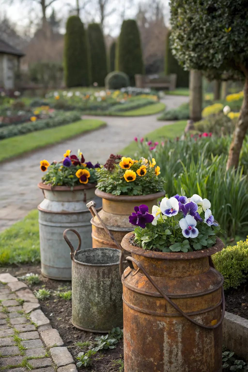Vintage containers give a charming touch to pansies.