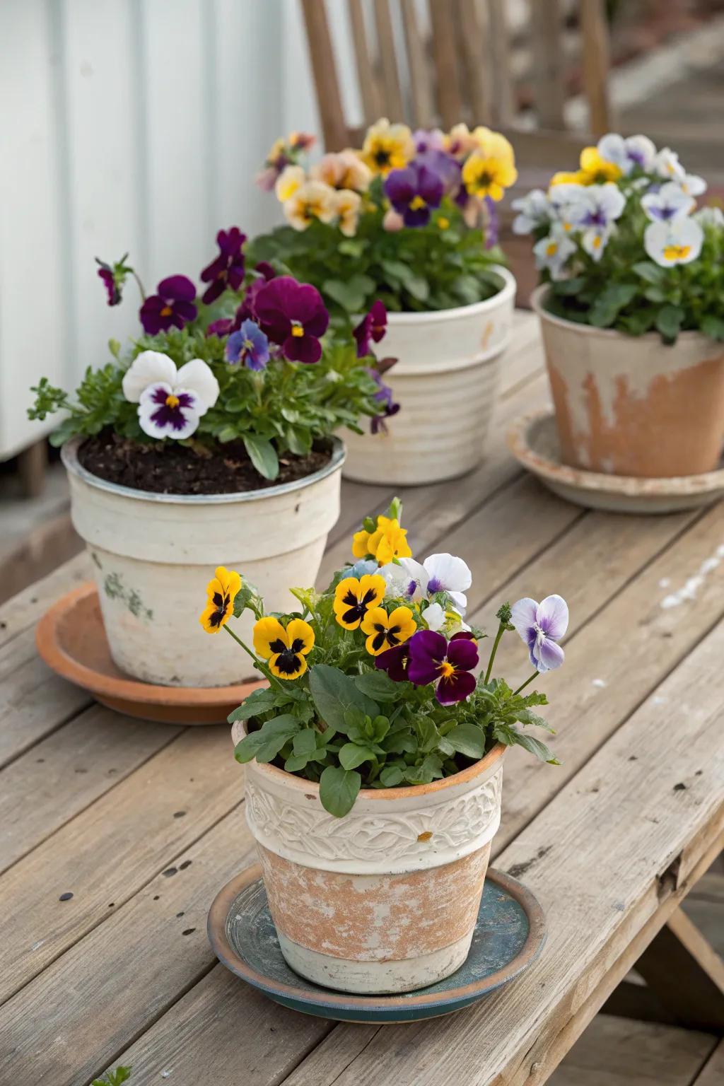 Playful tipsy pots overflowing with colorful pansies.