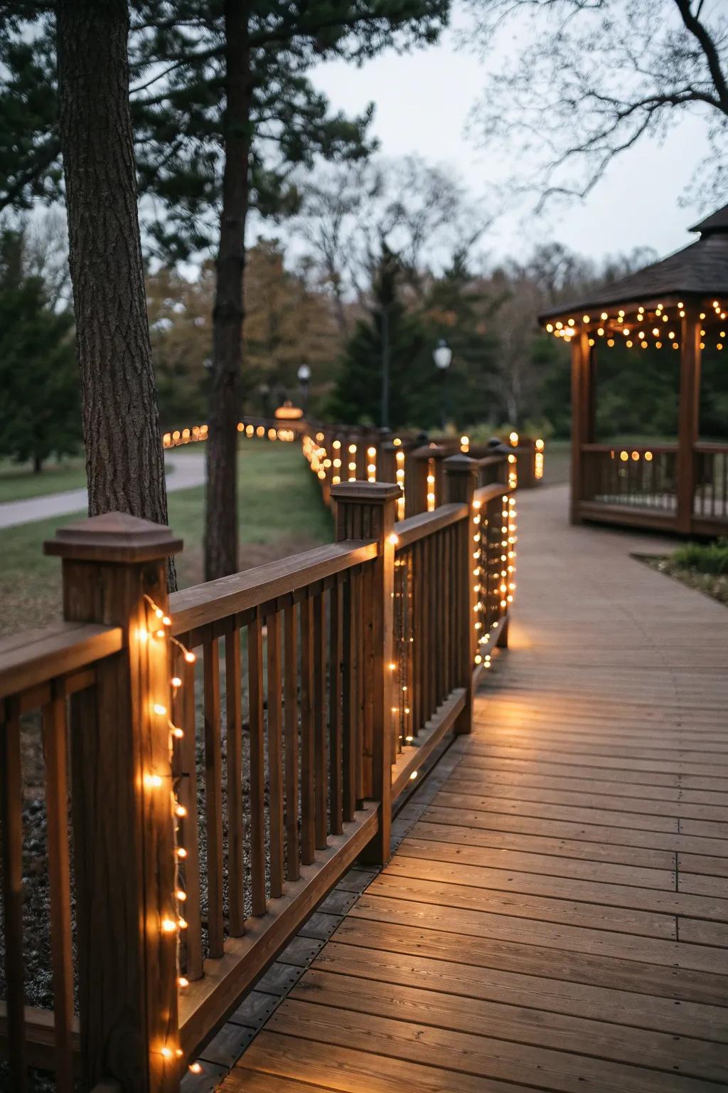 Enchanting lighting transforms the deck at night.
