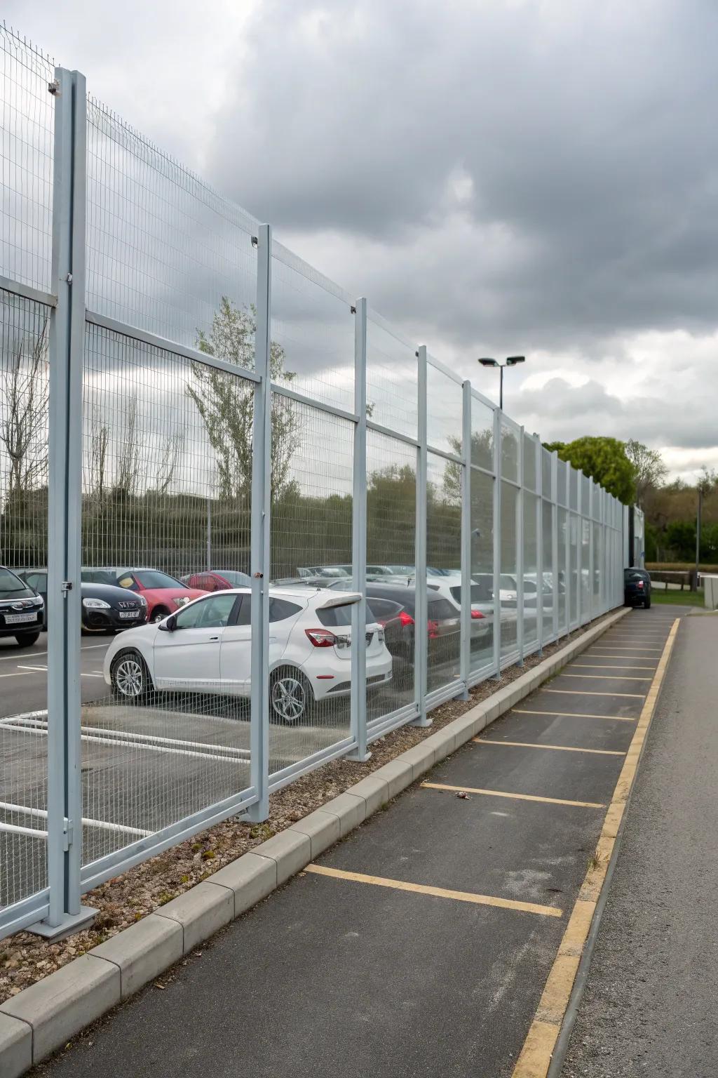 Transparent panels provide visibility and security in parking lots.