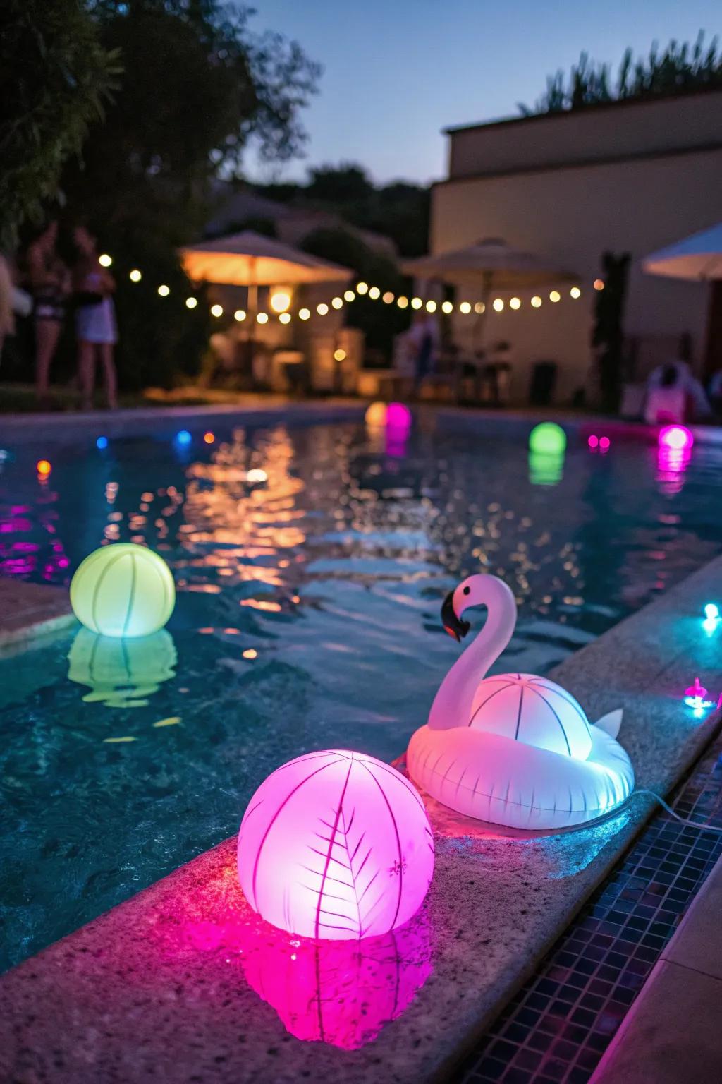 Neon glow elements create a visually stunning pool party ambiance.