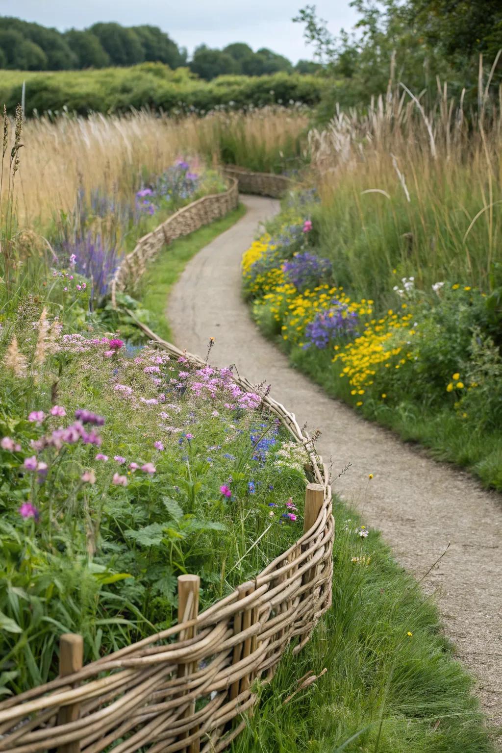 Woven willow provides a charming, rustic pathway edge.