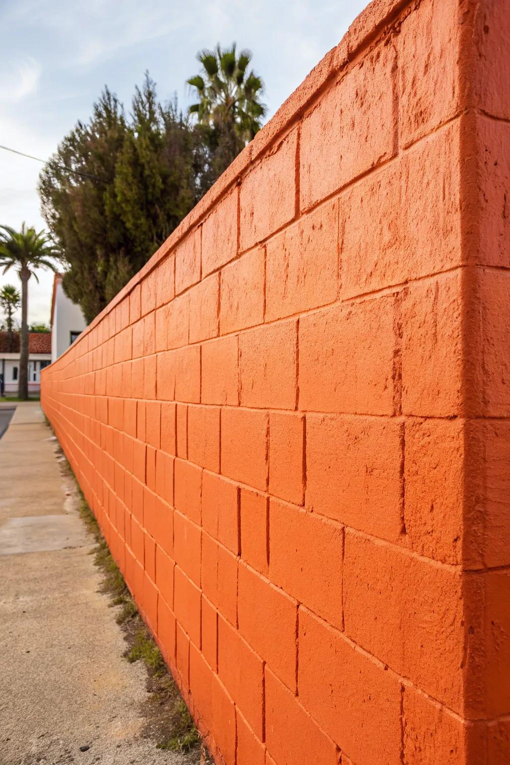 Bold terracotta block wall adding a splash of color to the patio.