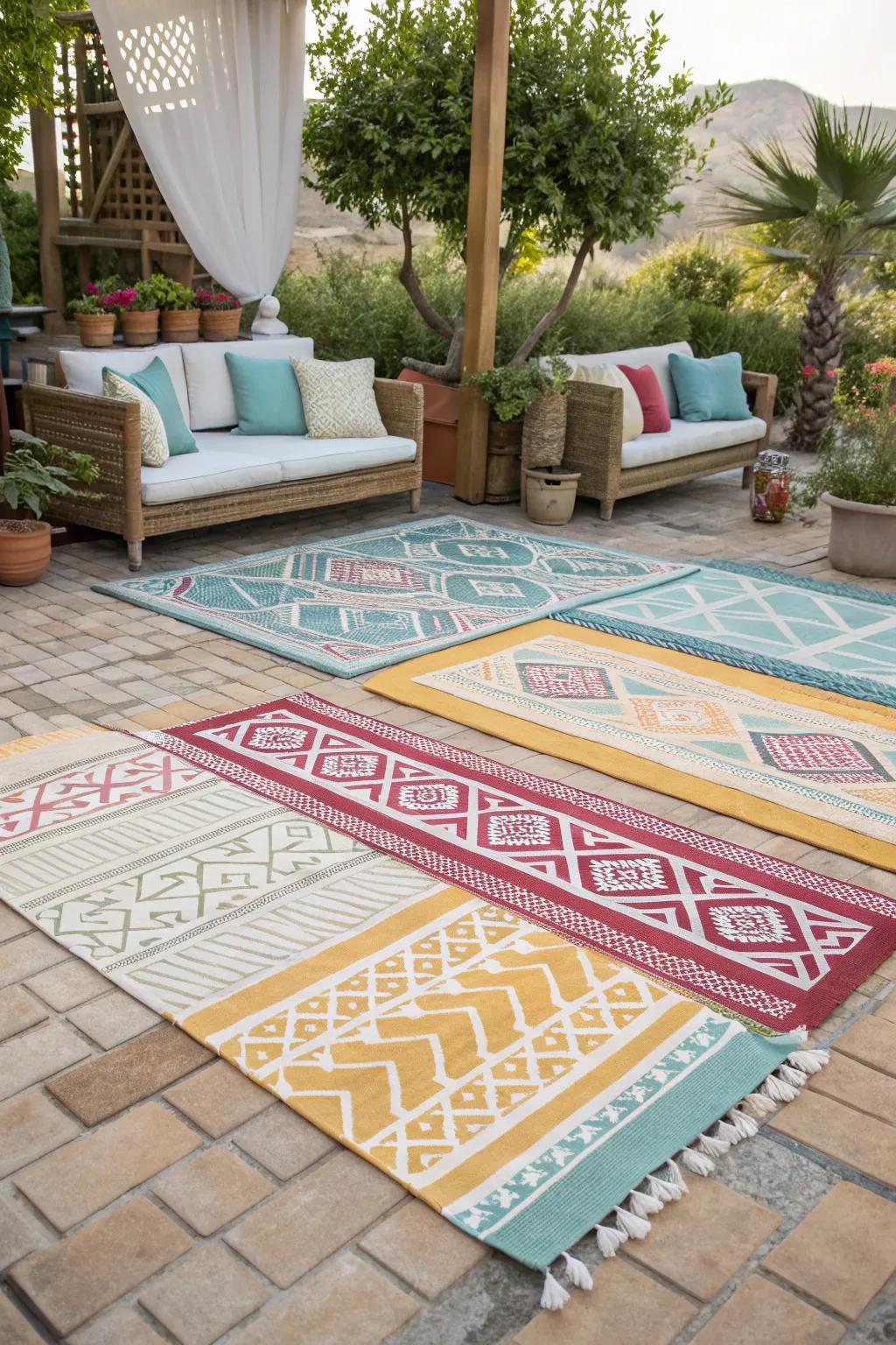 A patio divided into zones using colorful outdoor rugs.