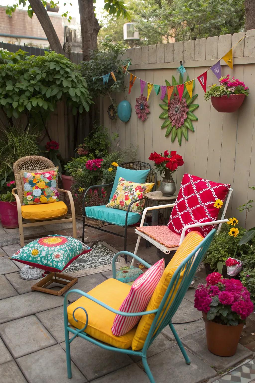 A charming and eclectic patio with a mix of vintage chairs and colorful decor.