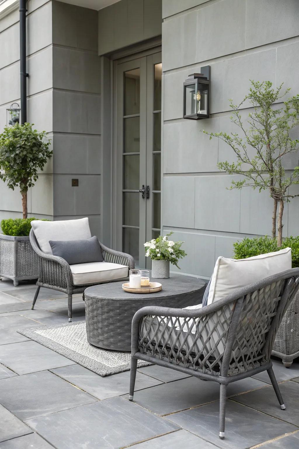 A sleek patio with a monochrome gray palette, showcasing modern elegance.