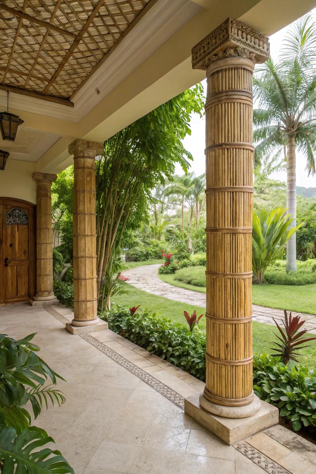 Bamboo-wrapped columns add an exotic, tropical feel.