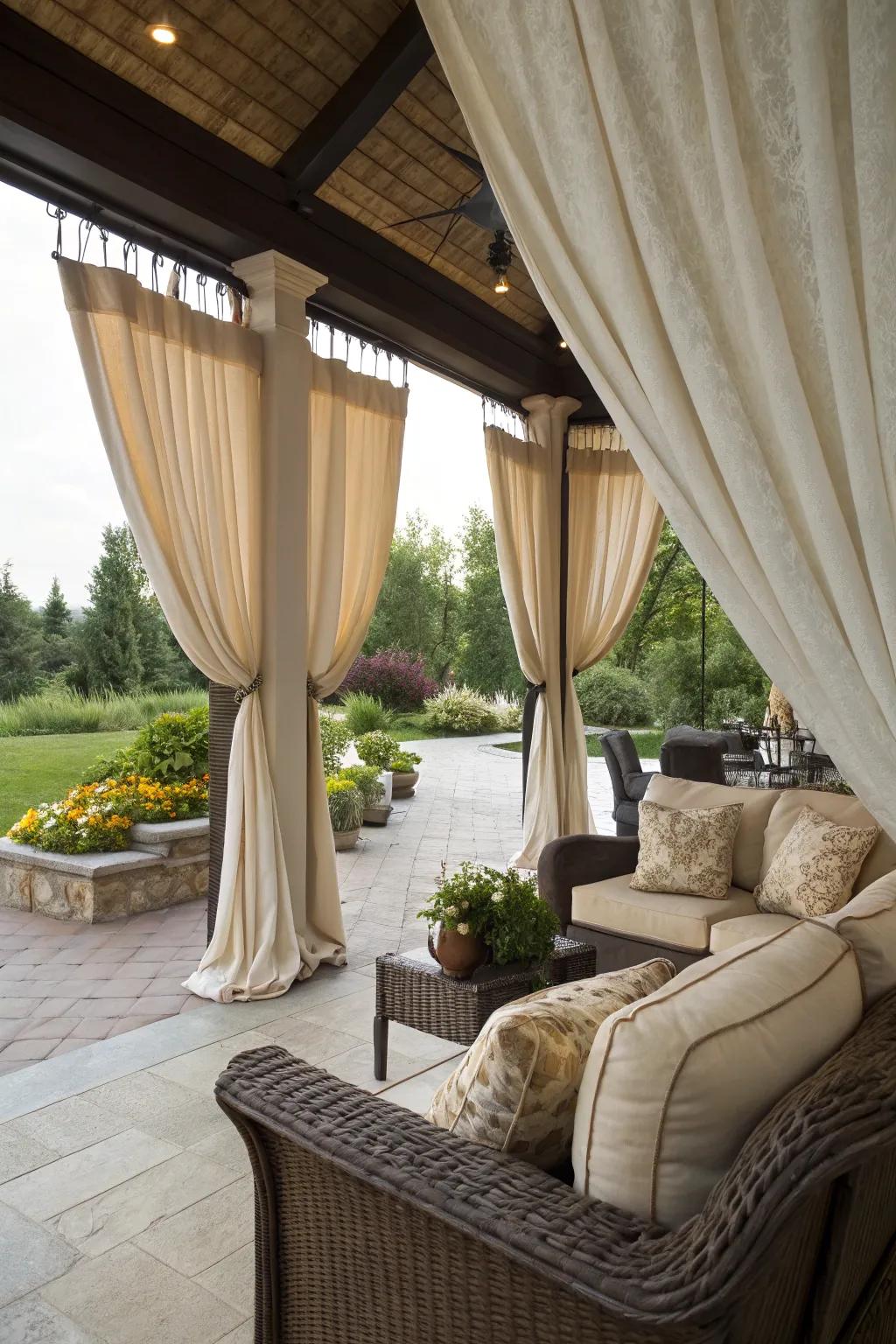 Layered curtains add depth and luxury to your outdoor space.