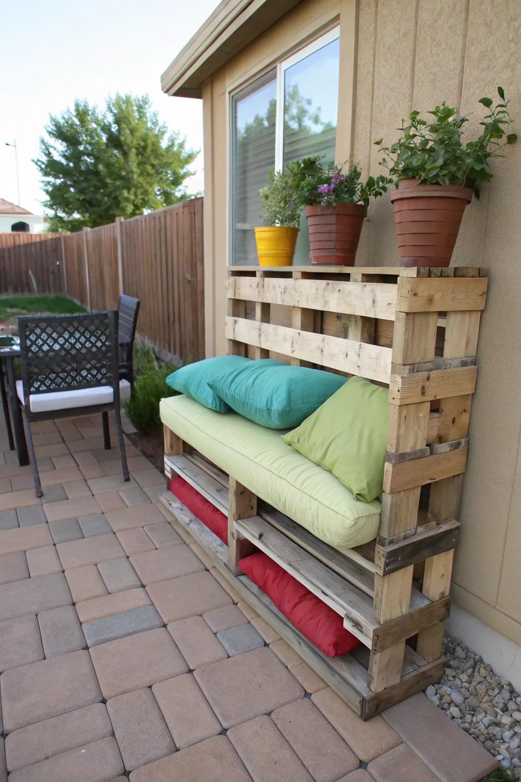 Create a rustic storage solution with DIY pallet shelves for your patio cushions.