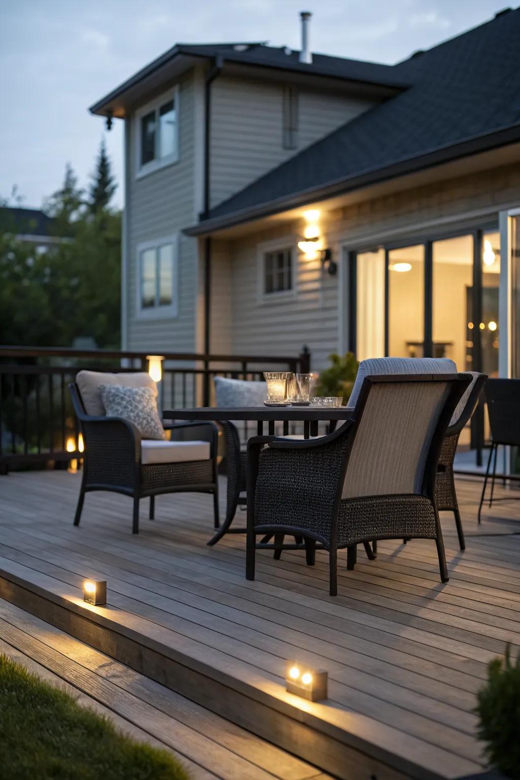 Integrated furniture lighting adds a modern touch to your deck.
