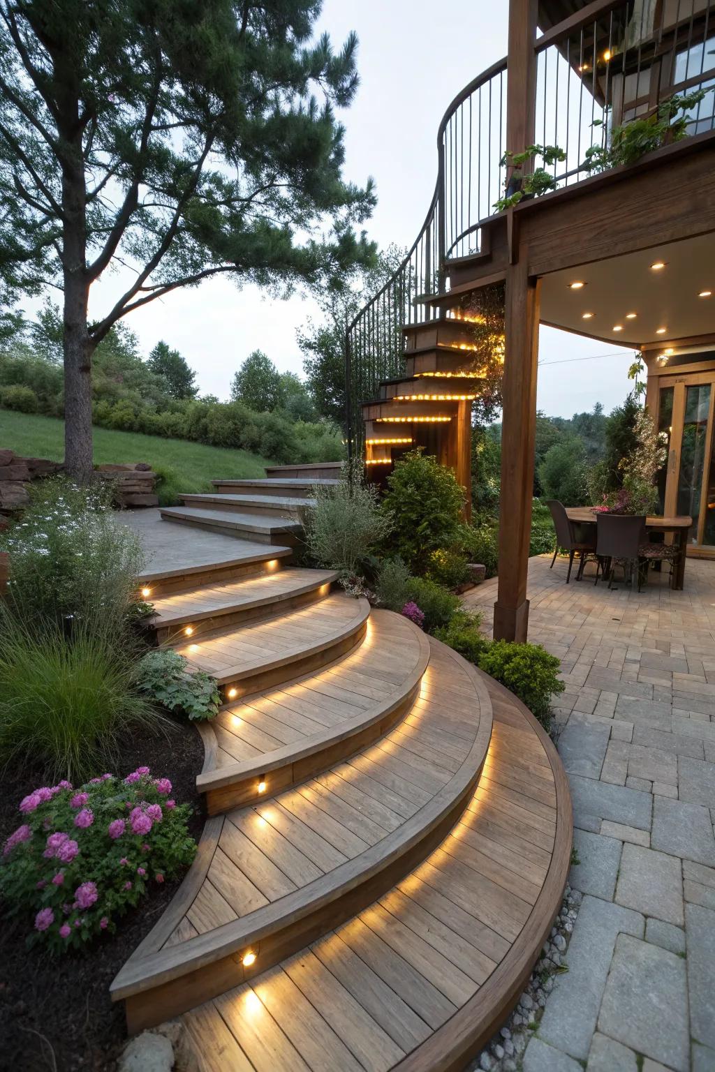 Spiral stairs offer an elegant and space-saving solution.