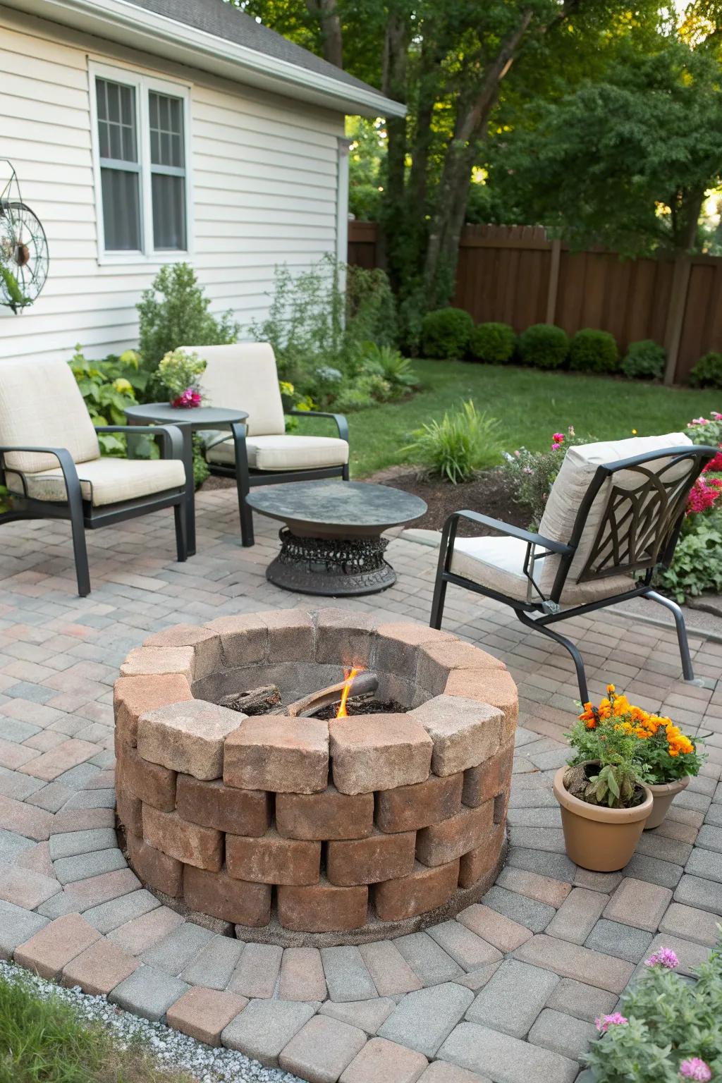A DIY brick fire pit adds a personal touch to any patio.