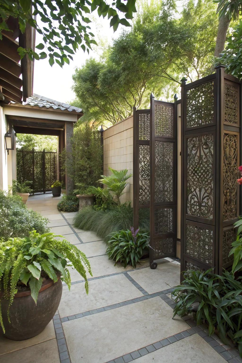 Privacy screens and plant barriers provide seclusion with style.