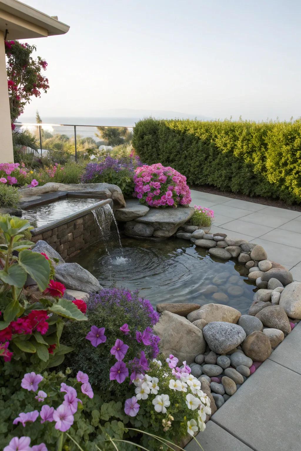 A tranquil patio with a water feature surrounded by flowers.