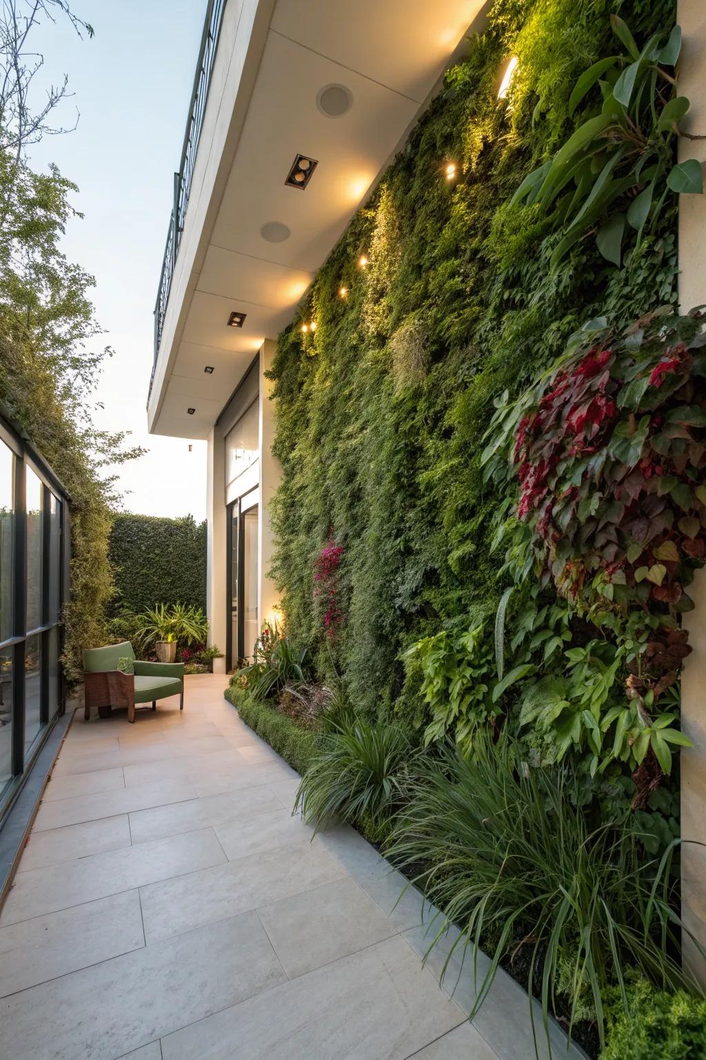 A stunning vertical garden wall enhancing a patio with greenery.