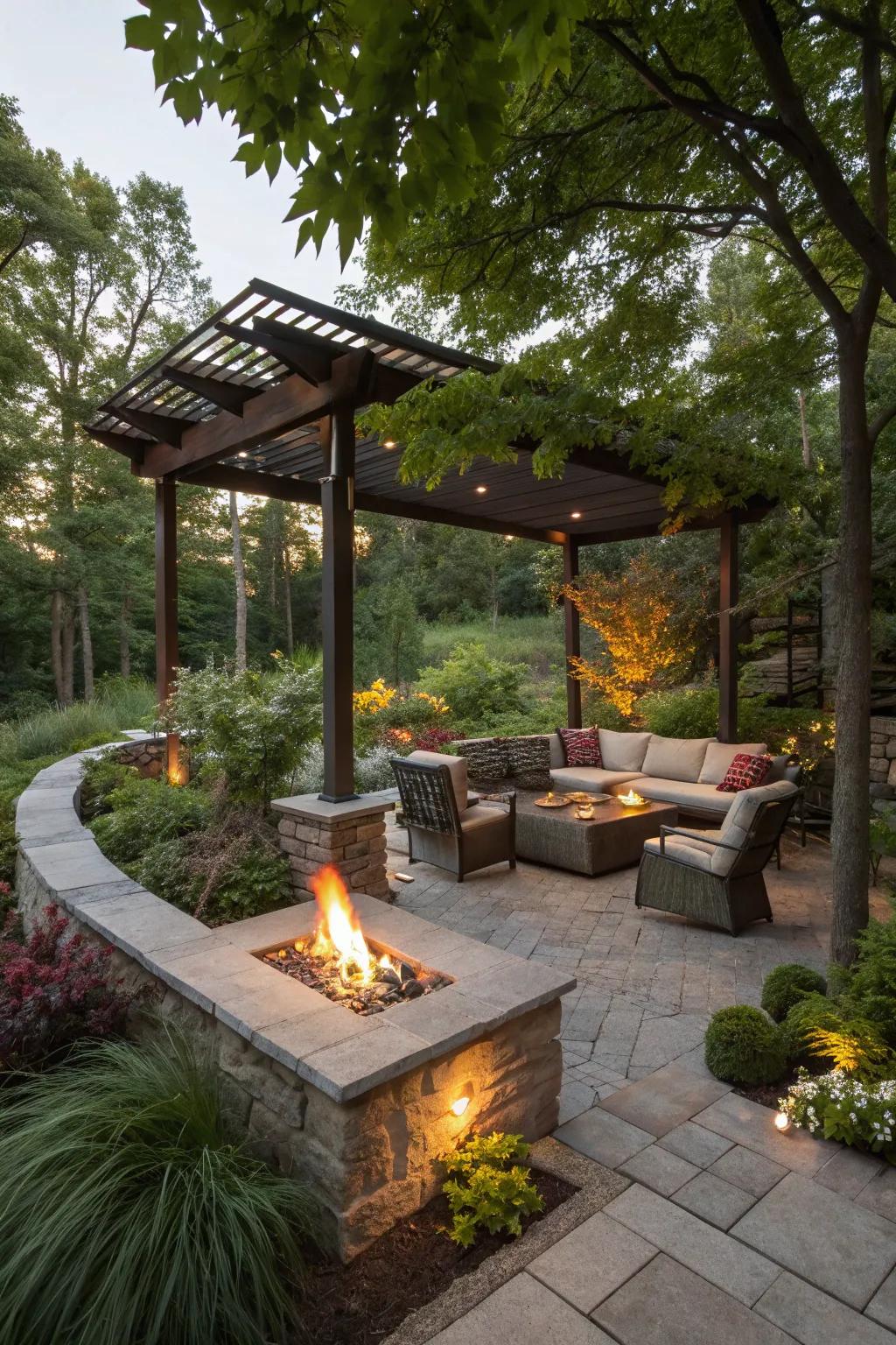 A pergola frames a fire pit and seating area, adding elegance and structure.