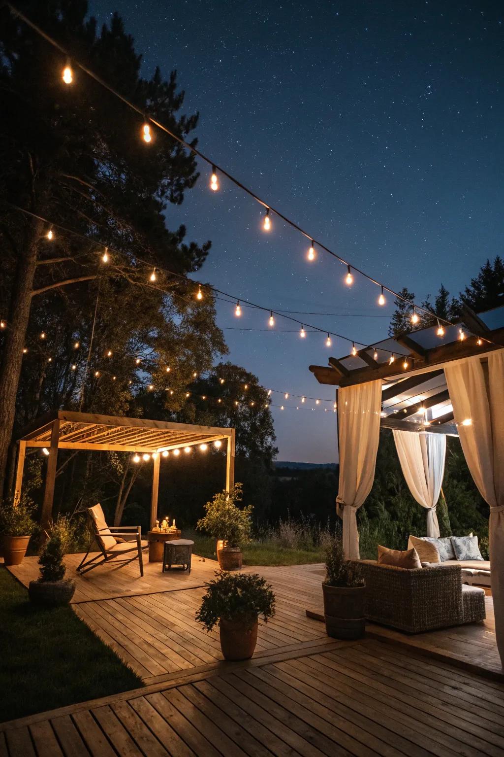 Warm lighting transforming the patio into a magical retreat.