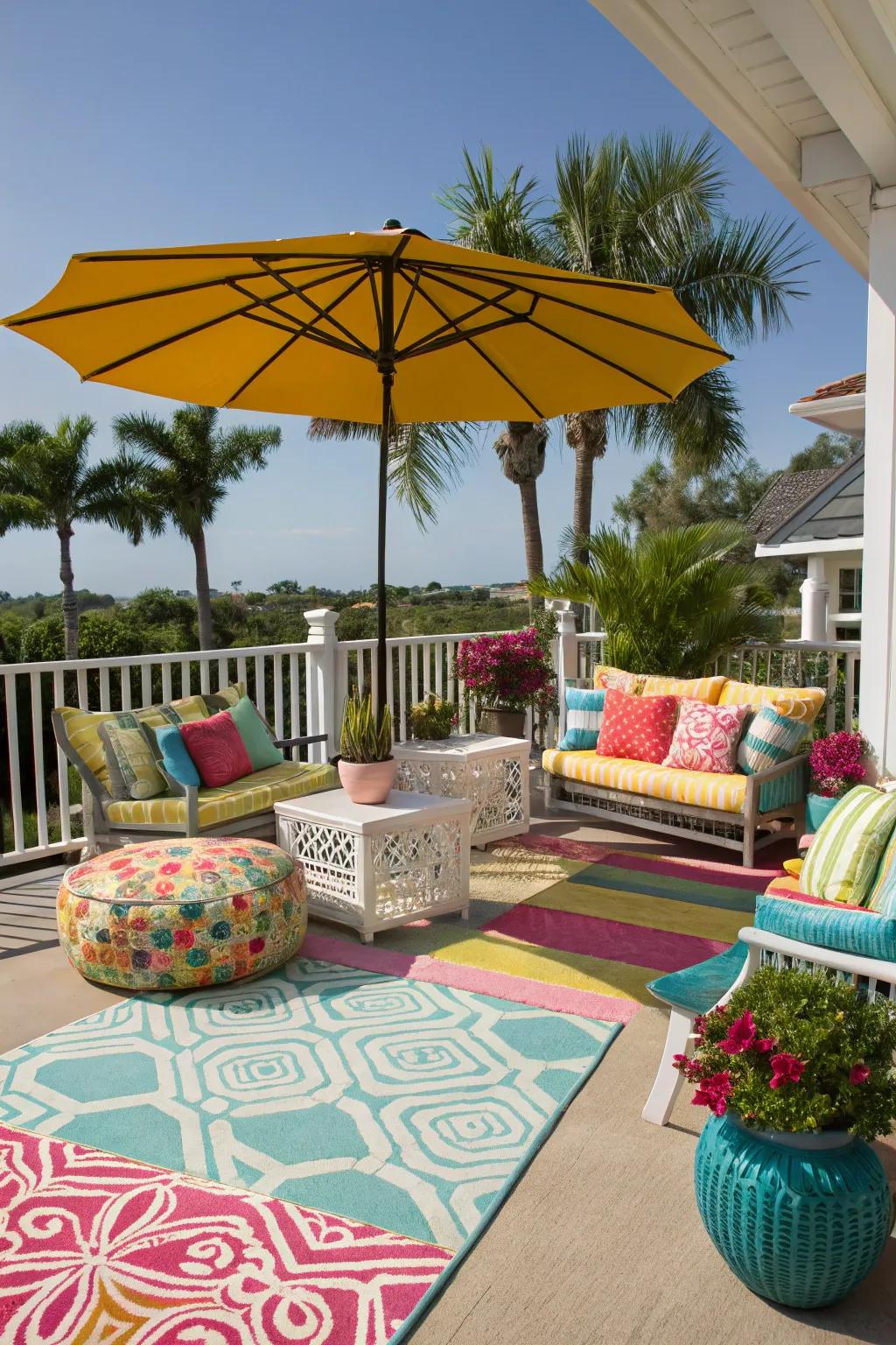 A vibrant patio with colorful accents and decor pieces.