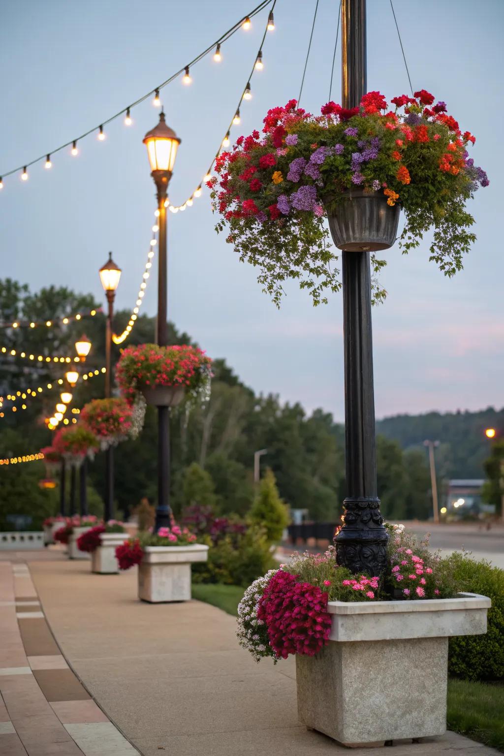 Planters with light poles create a beautiful dual-purpose feature.