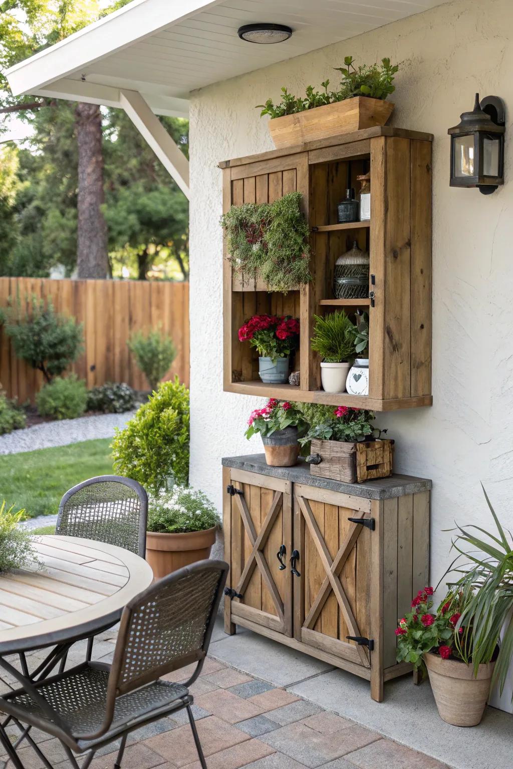 Wall-mounted cabinets keep items organized and off the floor.