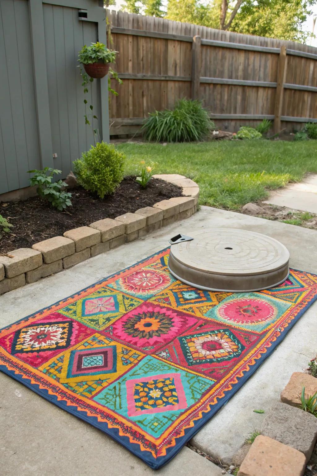 Outdoor rugs bring color and conceal septic lids.