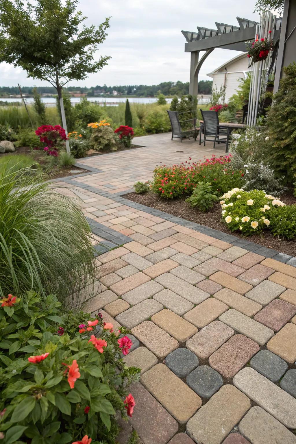 Dynamic diagonal pattern adding movement to a vibrant patio.