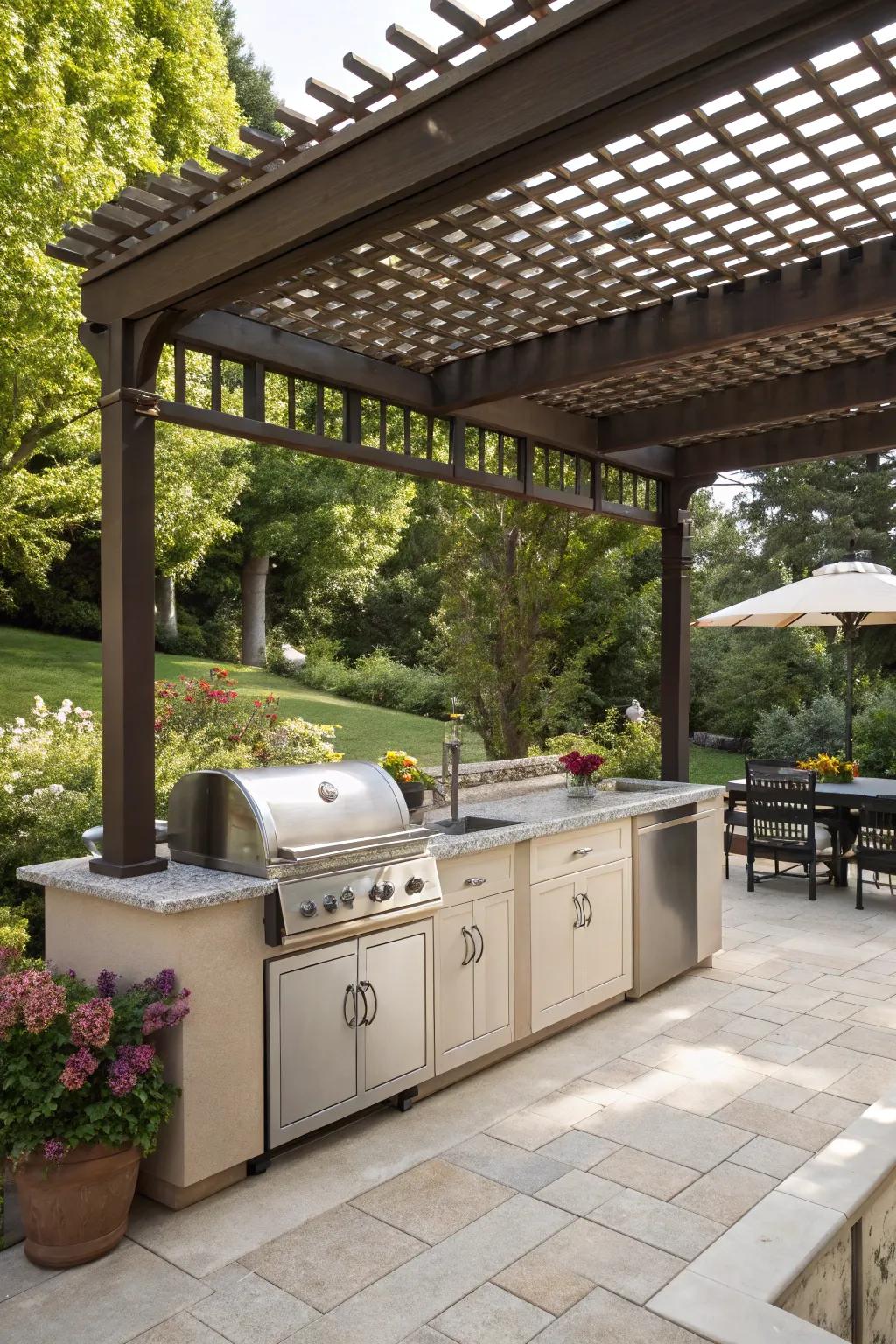 An outdoor kitchen under your pergola is perfect for dining in nature.