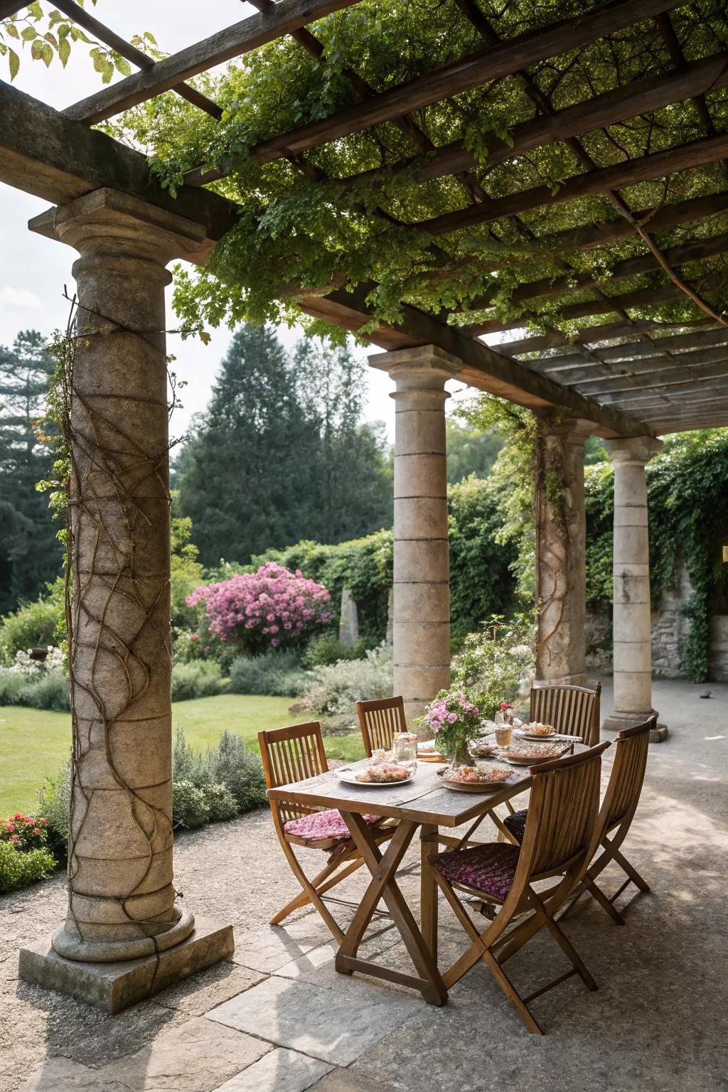Functional structures supported by pillars enhance patios.