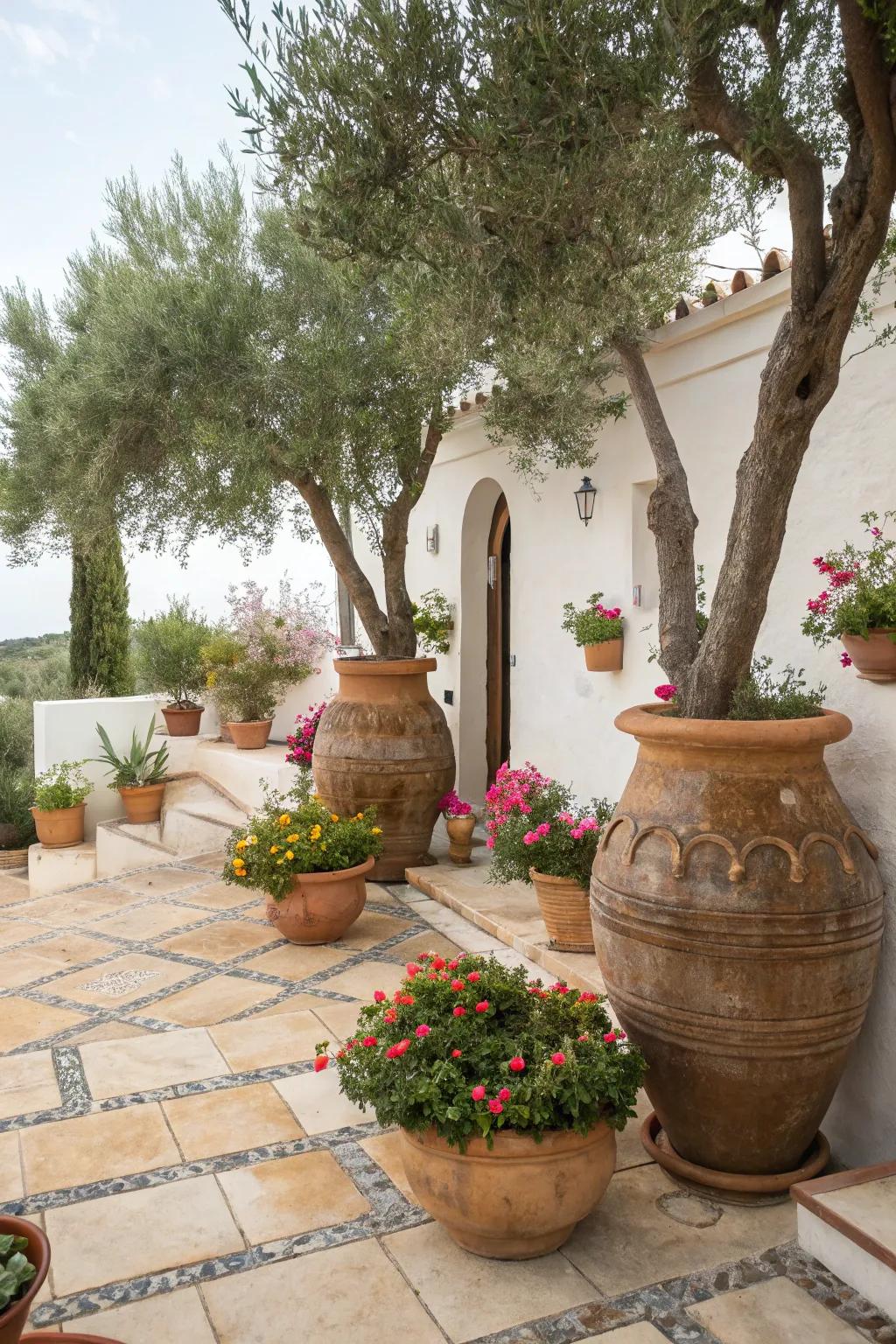 Bring Mediterranean warmth with terracotta and olive trees.