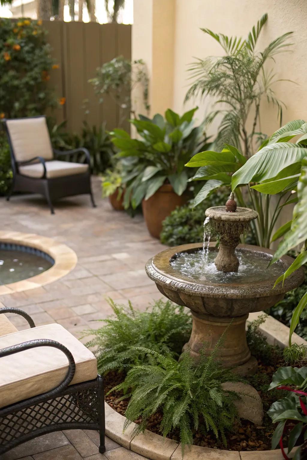 A water feature adds tranquility and enhances patio privacy.