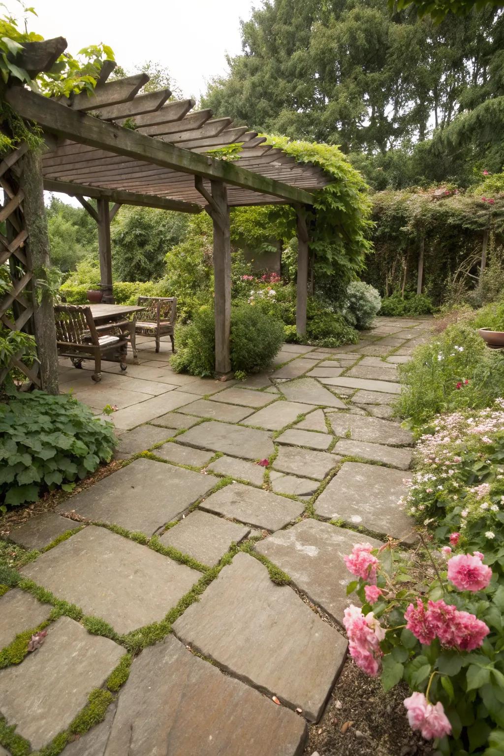 A rustic patio with a flagstone surface, blending seamlessly with the garden.